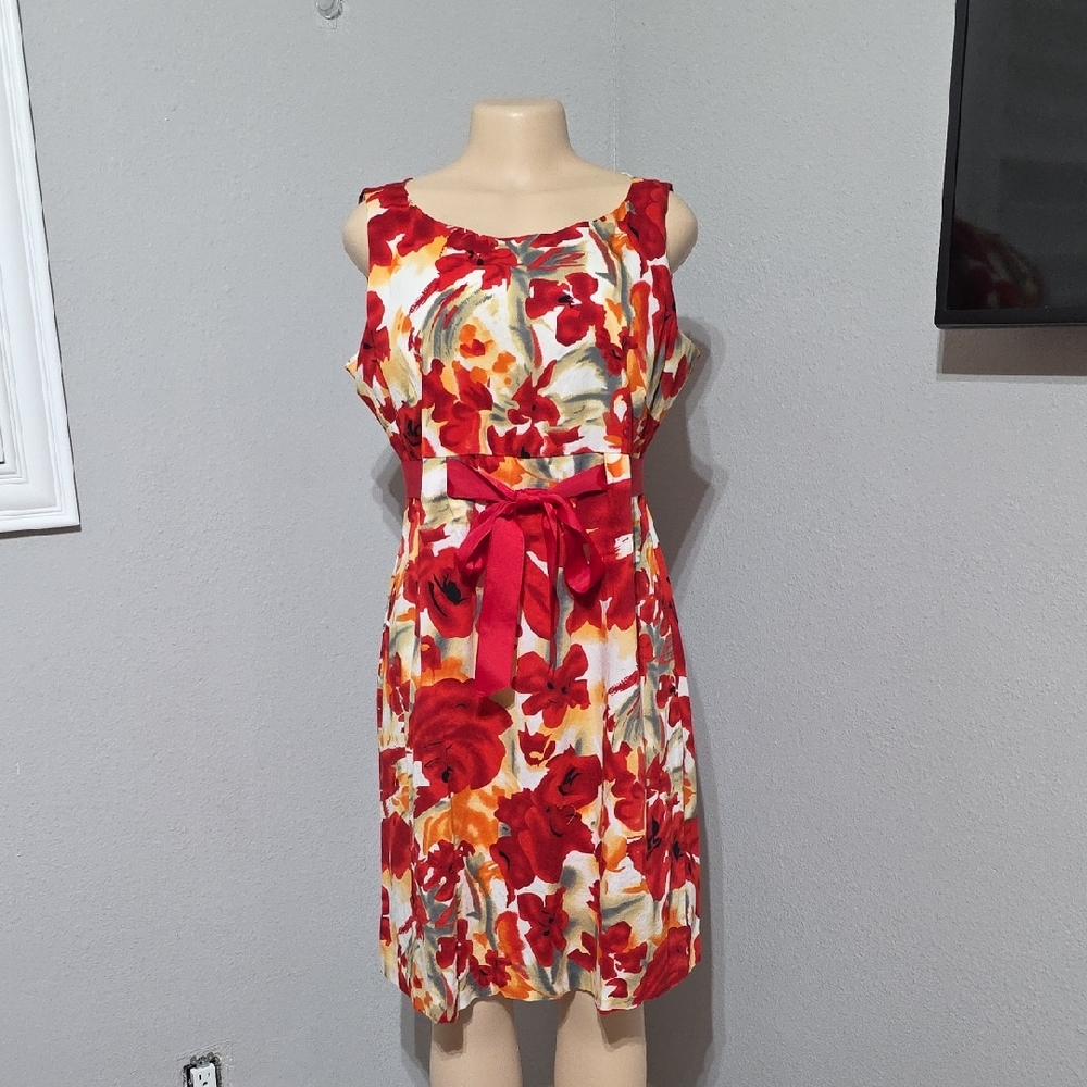 Karin Stevens Floral Red Tie-Waist Sleeveless Dress Size 16